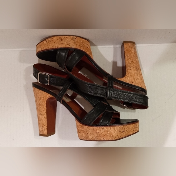 Lanvin Black Platform Sandals Strappy Slingback Leather w/Cork Heels Size 41/9.5 - Picture 6 of 10